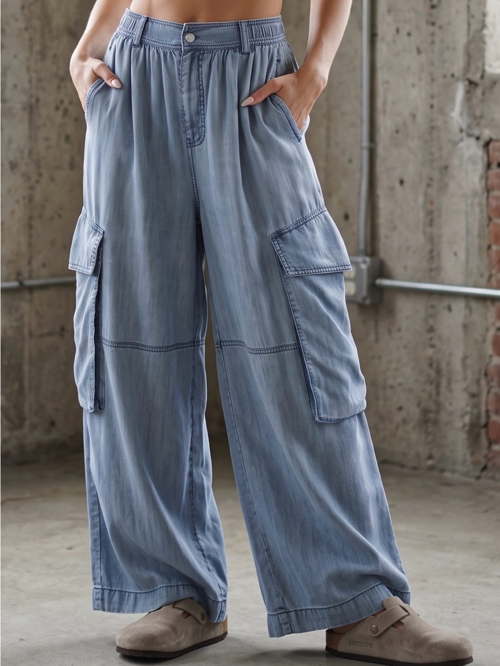 NWT Easel Chambray Denim Cargo Pants Wide Leg Baggy Fit - Picture 7 of 9